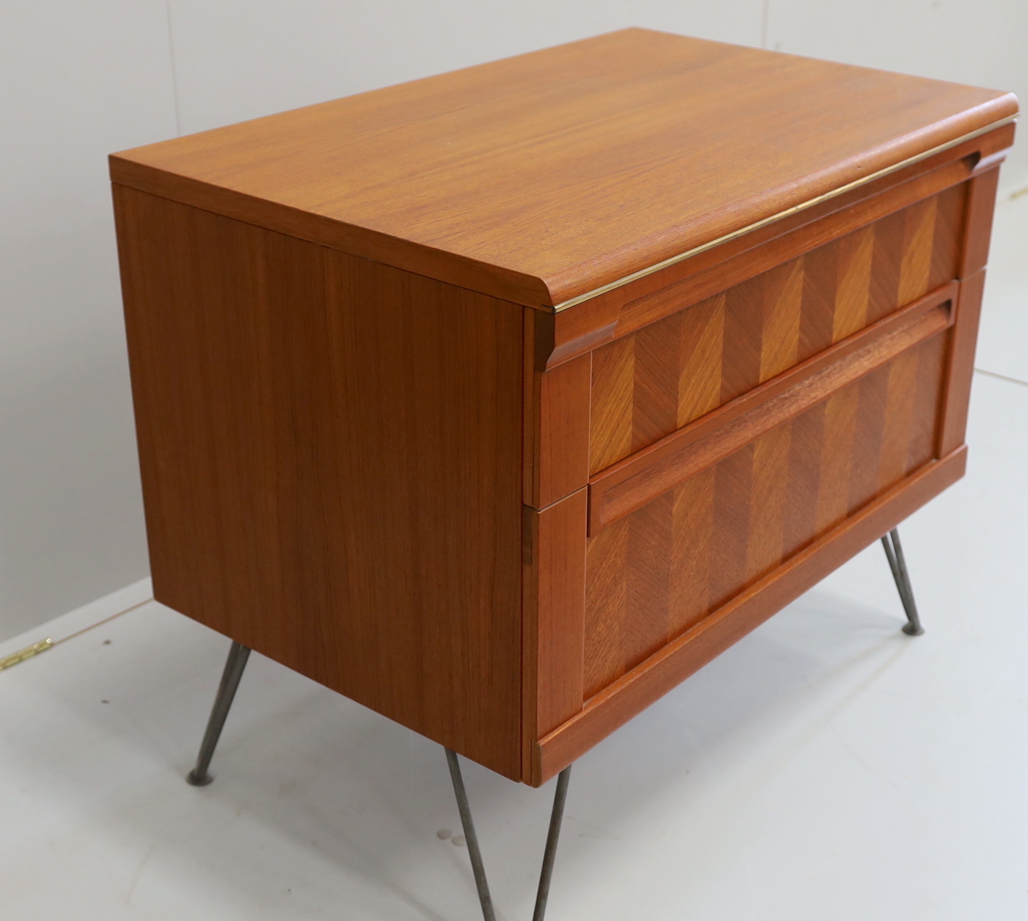 A G Plan “Herringbone” teak two drawer chest on hair pin legs, width 76cm, depth 50cm, height 65cm